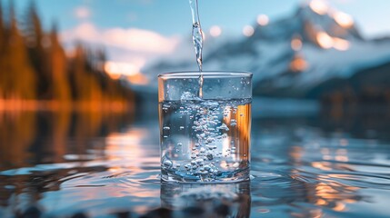 Pouring water into a glass on a background of mountains and blue sky, copy space.