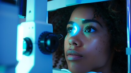 Young woman undergoing an eye examination. Close-up of an eye checkup. Healthcare and vision concept captured in modern clinical setting. AI