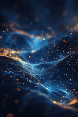 Poster - Shiny gold and blue abstract backdrop, metaverse technology and futuristic vibes, laser lights with geometric patterns glowing in a dark cosmic setting, AI-driven generative artwork.