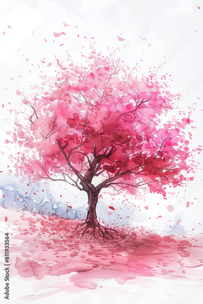 Watercolor painting of a blooming pink flower and a cherry blossom tree ...