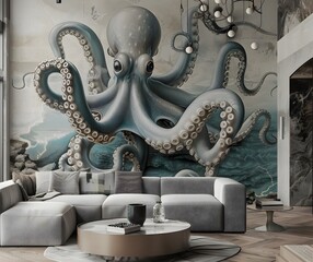 A beautiful living room wall with an oversized mural of octopus