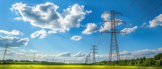 Row of Electricity Towers in Green Field, Sustainable Power Engineering