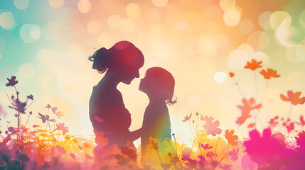 Happy mothers day greeting card illustration of silhouette mom and daughter with flowers in bright colors. Holiday family background concept. 
