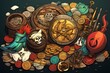 Coin illustration in flat design top view pirate treasure theme cartoon drawing vivid color scheme