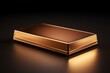 A gold bar sitting on a reflective surface with a dark background.
