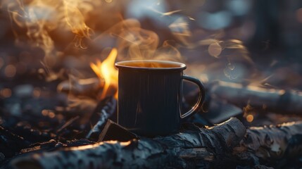 Poster - A steaming cup of hot coffee nestled in a black enamel mug rests next to a crackling fire in the great outdoors capturing the essence of a picturesque camping scene Celebrating the Internat