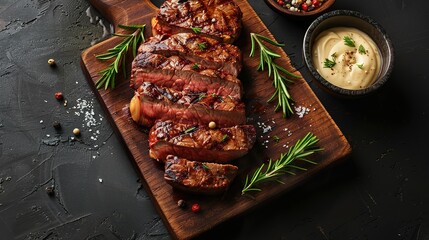 Wall Mural - Sliced flank steak cooked medium on a charcoal grill on a dark background. Top view