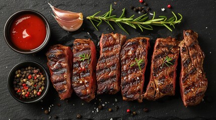 Wall Mural - Sliced flank steak cooked medium on a charcoal grill on a dark background. Top view