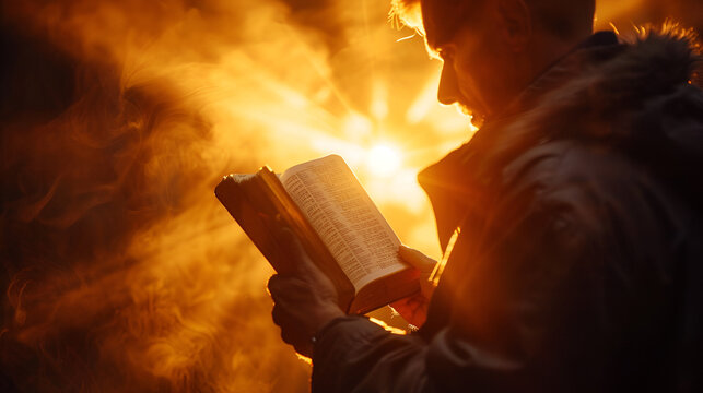 bright sun light and bible book silhouette of the holy