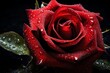 Closeup of a single red rose, dew on petals, against a moody dark background, perfect for romantic themes