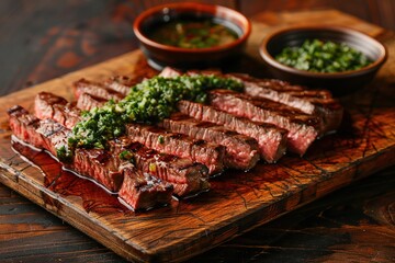 Wall Mural - Sliced flank steak cooked medium on a charcoal grill on a dark background. Top view