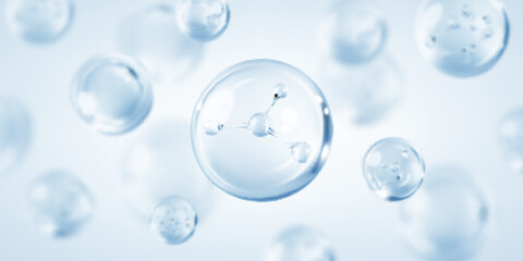 Molecule inside bubble on blue background. Blue collagen serum drops. Concept skin care cosmetics solution. Vector illustration