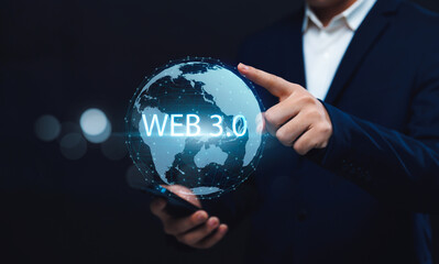 Poster - future internet blockchain business person interacting with web 3.0 global communication and network