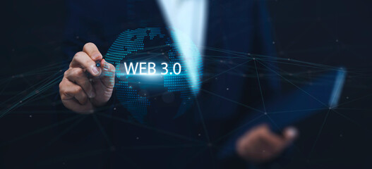 Poster - future internet blockchain business person interacting with web 3.0 global communication and network