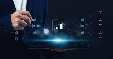 Poster - Businessman analyzing company's financial revenue and profit with value increasing charts, information computer system technology, using data to calculate business strategy, document share transfer.