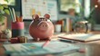 © Sodapeaw - A piggy bank sits on a desk. The piggy bank is wearing glasses and there are pencils and a notebook on the desk. The background is blurry.