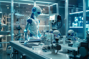 Wall Mural - Futuristic AI Robotics Laboratory - Autonomous Robots for Innovative Scientific Research