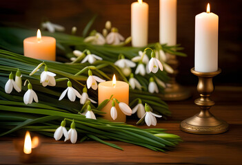 Poster - A white snowdrops and candles on a wooden table with a blurred background