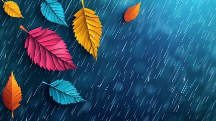 Poster - Three colorful leaves in the rain abstract banner made from paper shapes concept for autumn weather