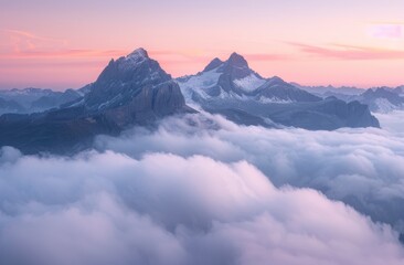 Wall Mural - Photograph of two mountain peaks emerging from the clouds 