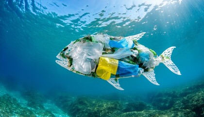 Wall Mural - Generated image of fish made of plastic garbage in the sea
