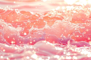 Canvas Print - Closeup of pink transparent clear calm water surface texture with splashes and bubbles. Trendy abstract summer nature background. Coral colored waves in sunlight.