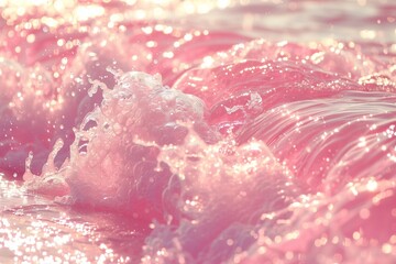 Poster - Closeup of pink transparent clear calm water surface texture with splashes and bubbles. Trendy abstract summer nature background. Coral colored waves in sunlight.