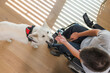 Service dog assisting a man in a wheelchair at home, picking up a remote control