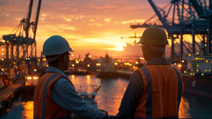 Wall Mural - Two engineers in hard hats looking out at a busy shipping port at sunset.Water transportation industry, logistics, cruise ship production, transport ship production, fisheries