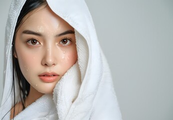 Beauty portrait skin care concept | Beautiful Asian woman with water drops on her face, wrapped