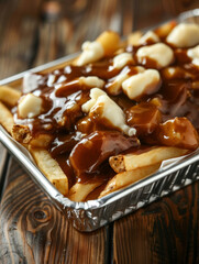 Wall Mural - Canadian poutine in a tray, with fries, cheese curds, and brown gravy. A classic and comforting dish from Canada