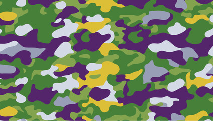 Wall Mural - Military camouflage seamless pattern background with yellow and purple accents. Colorful camouflage pattern background. Vector design.