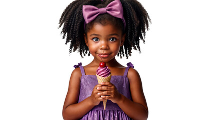 Wall Mural - Adorable young girl in purple dress with cherry-topped ice cream, PNG with transparent background. Perfect for children's fashion and dessert advertising