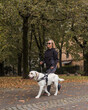 Blind woman and her guide dog on a pleasant walk through a public park area on a beautiful autumn day.