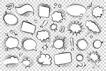 Poster - Comic cartoon speech bubble collection with halftone on a transparent background. Set of blank cartoon speech bubble