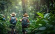 Young explorers hiking in a lush forest with backpacks and hats.