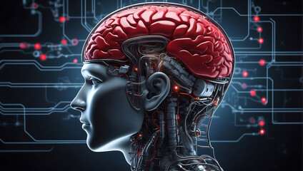 A image of a 3d rendered illustration of a electronic metal human brain with red growing lightning 