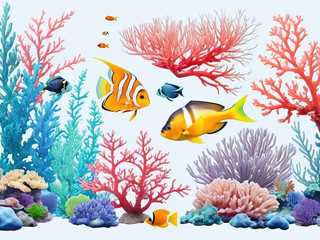 Wall Mural - Fish, coral, underwater plants, aquarium collection. isolated on white background