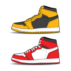 Sneakers shoe set collection with different color. Sneaker side view flat design concept. Vector icon logo illustration.