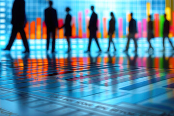 Poster - A group of people walking in front of a large graph. The people are dressed in business attire and the graph is filled with various colored lines. Scene is one of productivity and collaboration