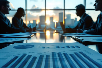 Poster - A group of people are sitting at a table with a lot of papers and graphs in front of them. Scene is serious and focused, as the people are likely discussing important business matters