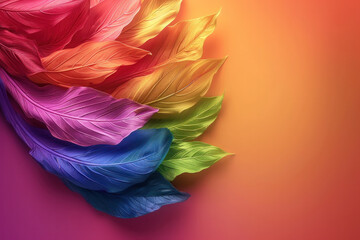 Wall Mural - A colorful feather arrangement on a red background. The feathers are of different colors and are arranged in a way that they look like a rainbow. Concept of vibrancy and beauty