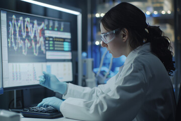 Poster - A woman in a lab coat is working on a computer