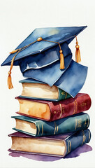 Wall Mural - Scholarly Elegance, Watercolor Banner Depicting Graduation Hat and Books