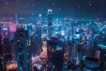 Poster - an aerial view of a city at night with a building that says casino