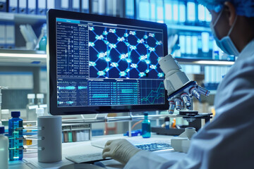 Poster - A scientist looking through a microscope at a computer screen