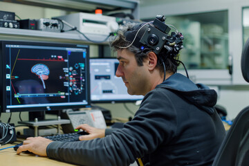 Poster - A man wearing a headset is using a computer