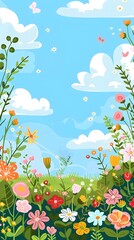 Wall Mural - Vibrant Springtime Meadow with Blooming Flowers and Fluttering Butterflies Against a Serene Blue Sky