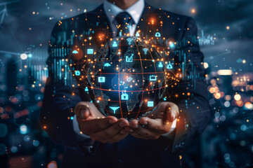 Poster - A man in a suit holds a glowing globe in his hands