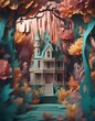 Vibrant paper sculpture of a forest and a haunted mansion, with intricate details of handcraft and the imaginative use of paper, Generative AI.